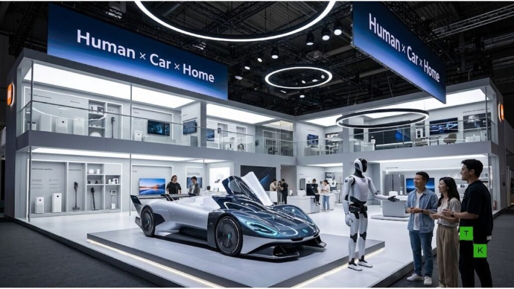 The Xiaomi Vision Gran Turismo concept car and CyberOne humanoid robot on display at Xiaomi's 3,300-square-meter IFA 2026 booth in Berlin.