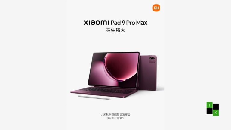 The Xiaomi Pad 9 Pro Max tablet standing upright in a magnetic keyboard case with an active stylus resting on a clean wooden creative workstation.