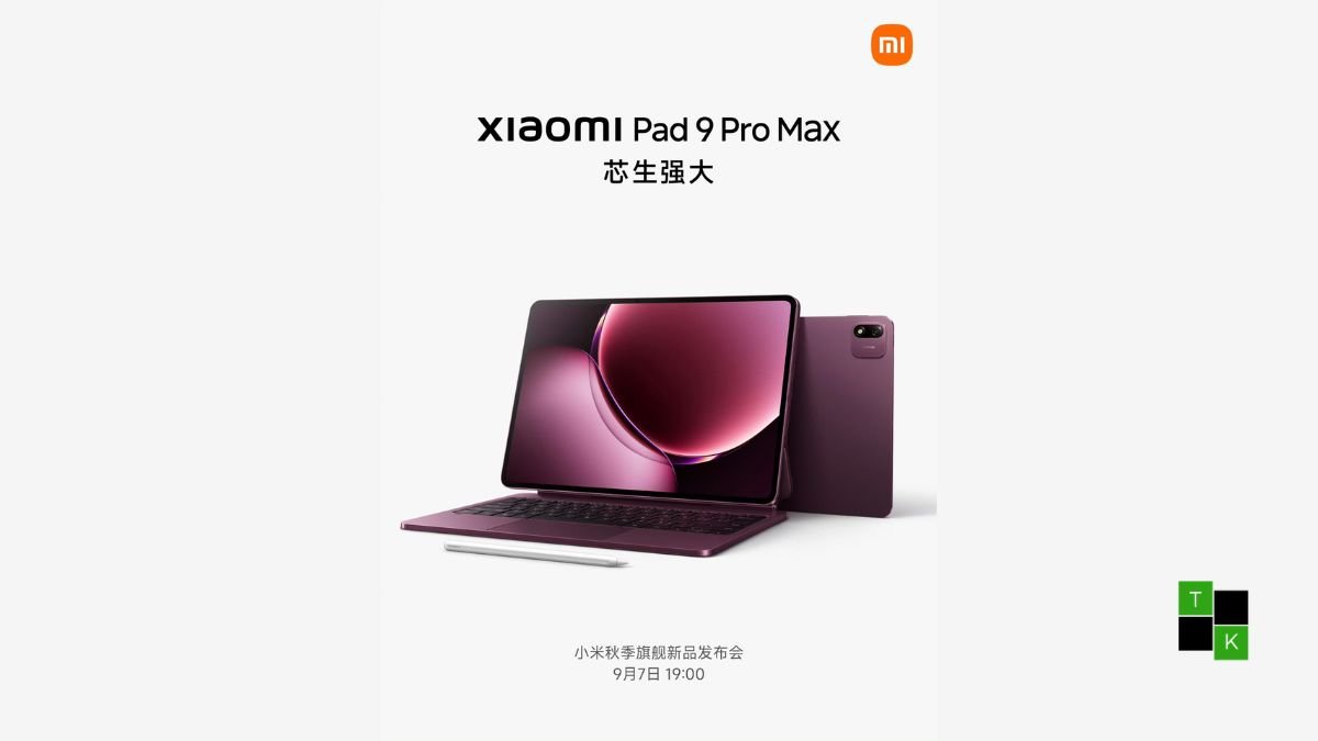 The Xiaomi Pad 9 Pro Max tablet standing upright in a magnetic keyboard case with an active stylus resting on a clean wooden creative workstation.