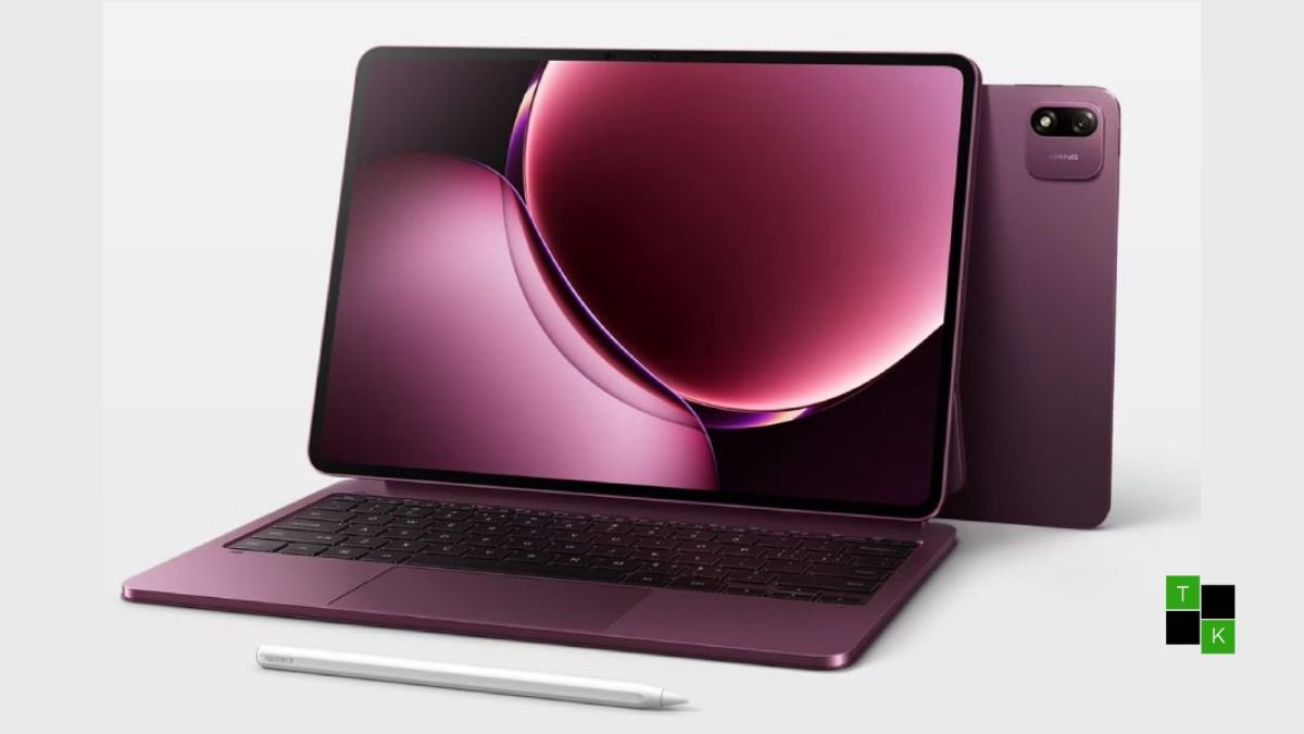 The Xiaomi Pad 9 Pro Max tablet docked in a floating keyboard case displaying a 3.4K HyperOS 4 desktop workspace.