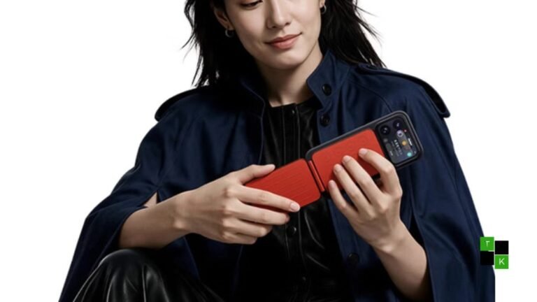 The Xiaomi Pocket Guitar magnetic accessory shown unfolded on a smartphone desk stand with chord buttons and strumming texture.