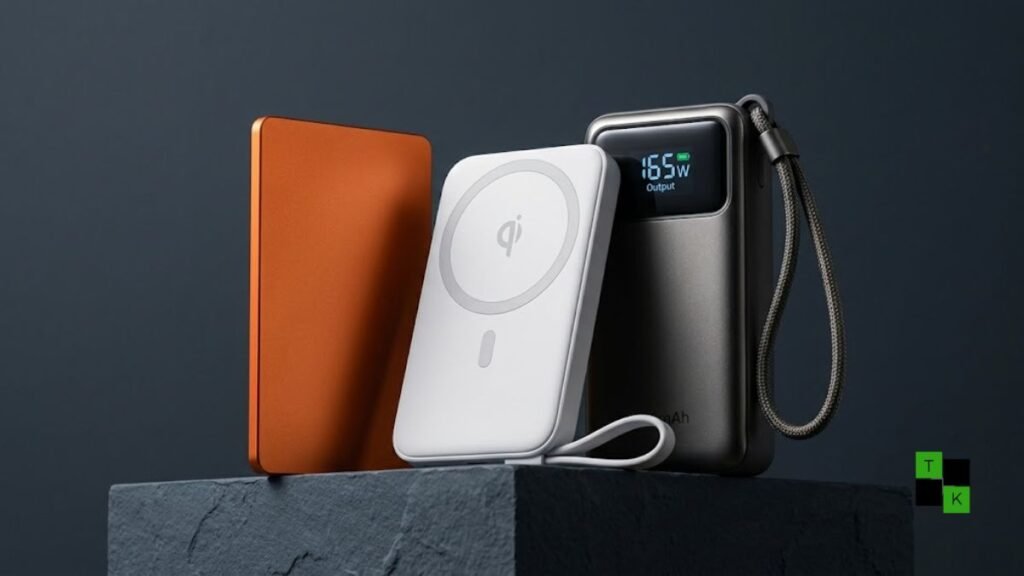 Xiaomi's three new power banks—the 20000mAh 165W, Magnetic 10000mAh 45W, and 6mm UltraThin 5000mAh—arranged on a minimalist studio podium.