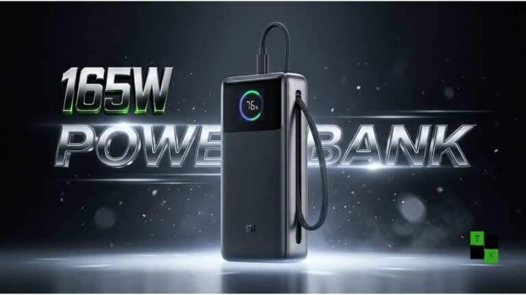 The Xiaomi Ultra 165W power bank standing upright on a reflective dark surface displaying its color digital screen and integrated loop cable.