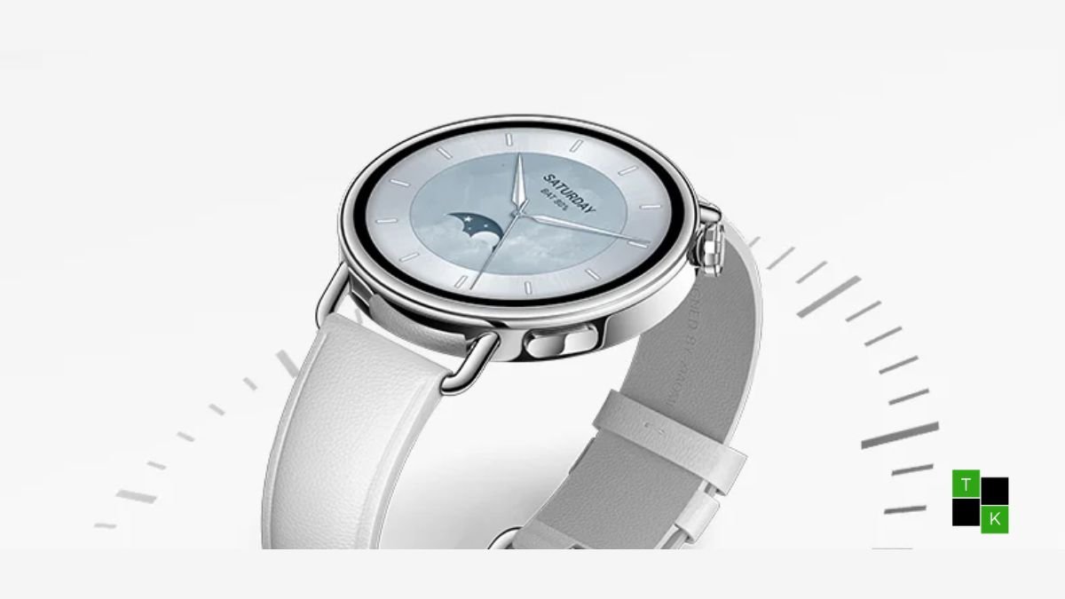 The compact Xiaomi Watch S5 41mm smartwatch featuring a white ceramic bezel and a faceted crown resting on a stone display block.