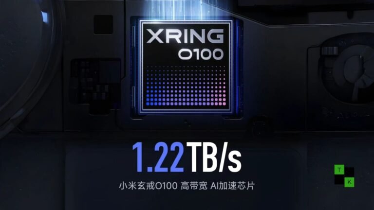 A 3D render of the Xiaomi XRING O100 silicon package showing its vertically stacked memory dies with blue and purple glowing data streams.