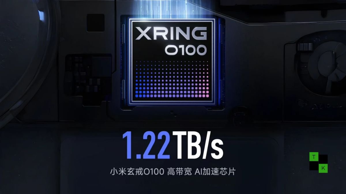 A 3D render of the Xiaomi XRING O100 silicon package showing its vertically stacked memory dies with blue and purple glowing data streams.