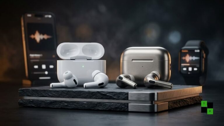 Concept render of the two-tier Apple AirPods Pro 4 displaying the classic white earbuds alongside a high-end metallic titanium finish model on a studio pedestal.