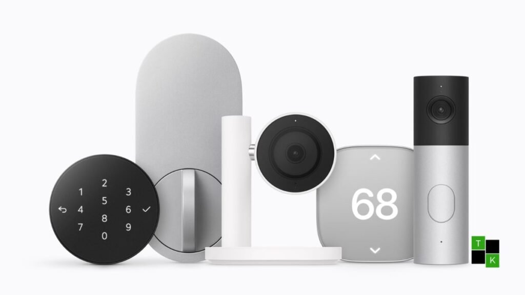 The Apple Home Collection lineup showcasing the LG Smart Deadbolt Lock, dual-camera Video Doorbell, and Smart Thermostat displayed in an architectural home setting.