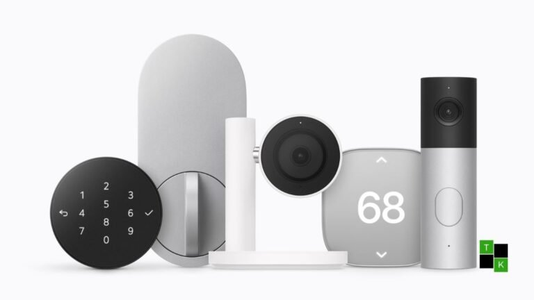 The Apple Home Collection lineup showcasing the LG Smart Deadbolt Lock, dual-camera Video Doorbell, and Smart Thermostat displayed in an architectural home setting.