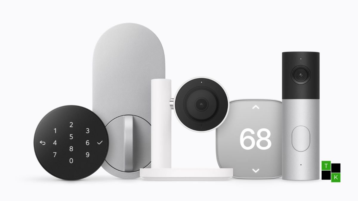 The Apple Home Collection lineup showcasing the LG Smart Deadbolt Lock, dual-camera Video Doorbell, and Smart Thermostat displayed in an architectural home setting.