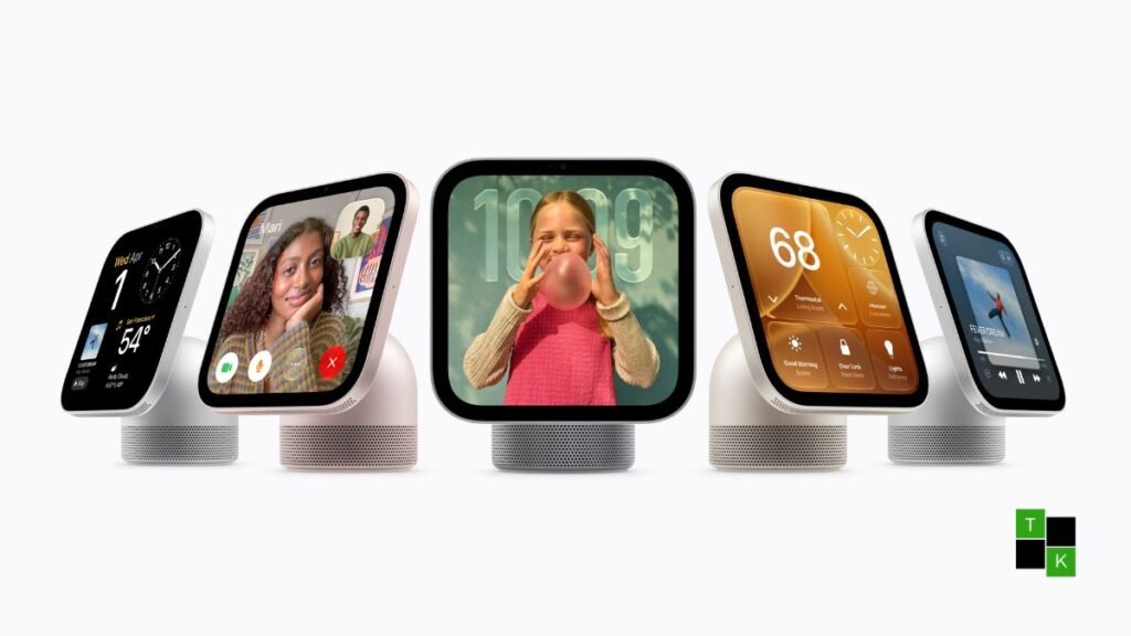 The Apple HomeView smart display in Starlight and Rose Pink resting on a light marble kitchen counter showing the Siri AI smart home dashboard on its 7-inch screen.