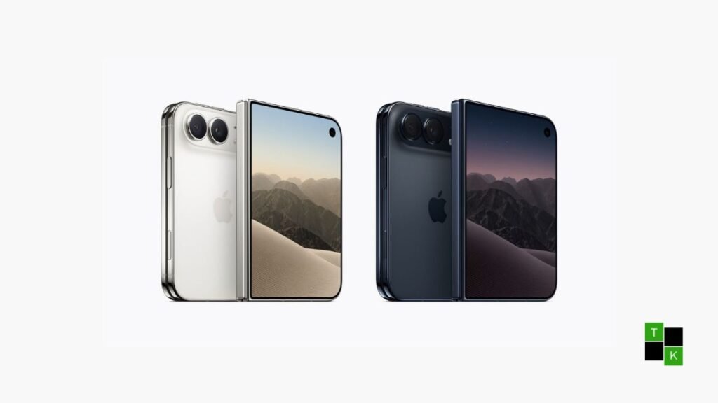 Apple iPhone Duo foldable smartphone in Night Sky and Star White finishes partially unfolded showing its titanium hinge and dual displays.