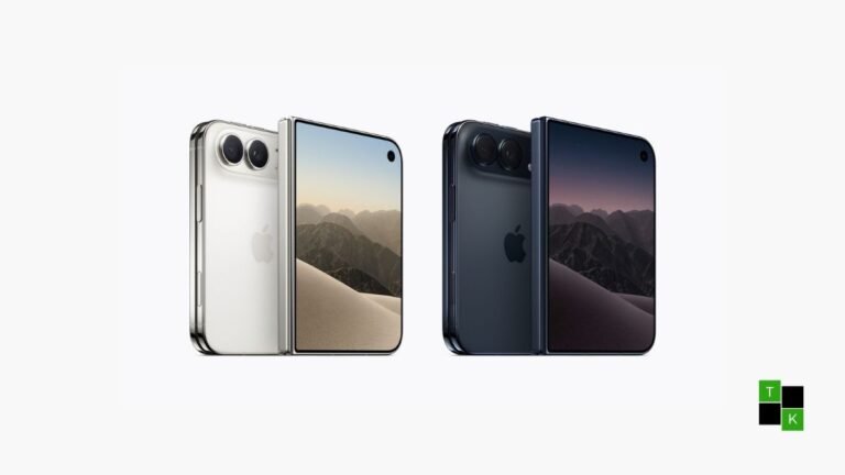 Apple iPhone Duo foldable smartphone in Night Sky and Star White finishes partially unfolded showing its titanium hinge and dual displays.