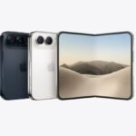 Apple iPhone Duo foldable smartphone held open displaying iOS home screen next to official pre-order booking information.