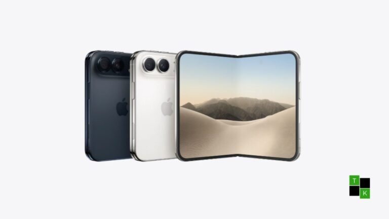 Apple iPhone Duo foldable smartphone held open displaying iOS home screen next to official pre-order booking information.