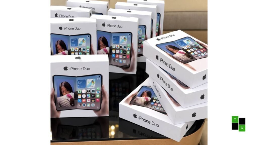 Apple iPhone Duo foldable smartphone in Star White resting opened on an architectural slate surface beside delivery delay metrics.