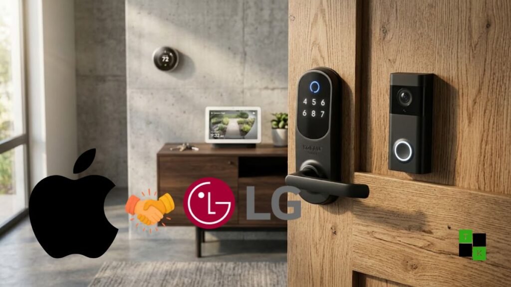 An Apple-integrated LG smart deadbolt with illuminated keypad, video doorbell, and smart thermostat displayed in a contemporary home foyer.