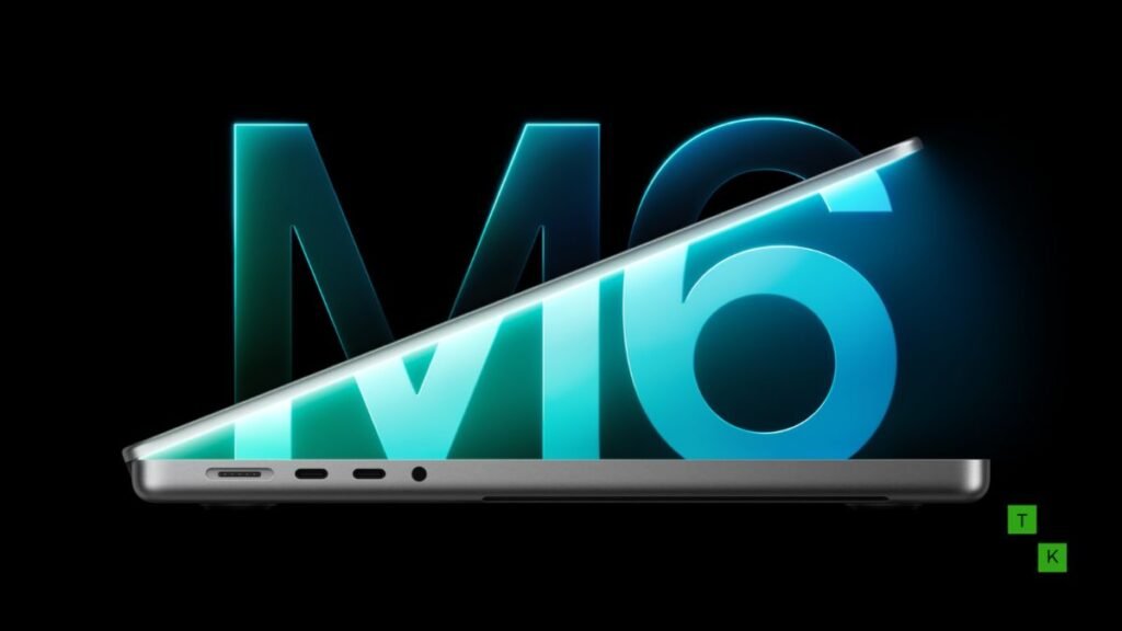 14-inch MacBook Pro with M6 in Space Black finish open on a slate plinth displaying macOS Golden Gate and nano-texture glass.