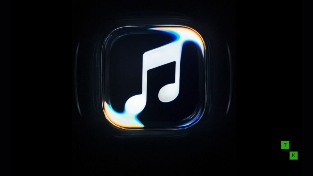 Apple Music's new Made by Sound logo featuring an inky liquid-glass musical note surrounded by concentric acoustic ripples.