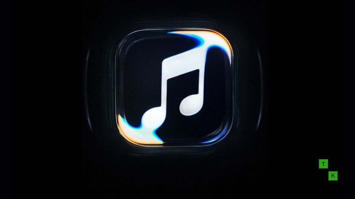 Apple Music's new Made by Sound logo featuring an inky liquid-glass musical note surrounded by concentric acoustic ripples.