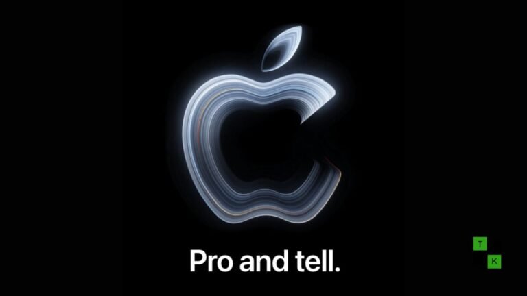 Conceptual promotional graphic for Apple's October 28 'Pro and Tell' event showcasing an illuminated dark titanium Apple logo and glowing laptop silhouette.