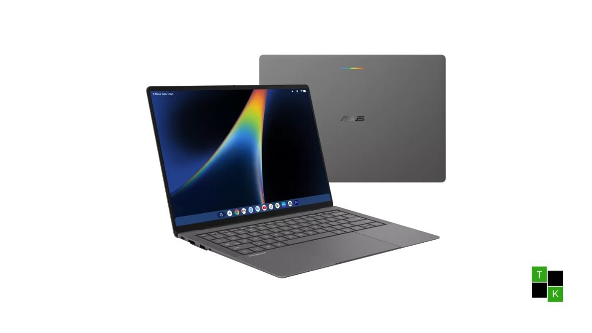 ASUS Googlebook 14 ultrabook in Dusk Ash finish open on an architectural desk showing illuminated 3K matte OLED display running Googlebook OS.