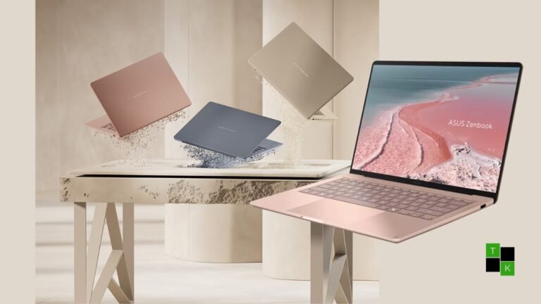 ASUS Zenbook 14 laptop in Ponder Blue finish displaying its 14-inch OLED touchscreen and slim aluminum profile on a dark slate desk.
