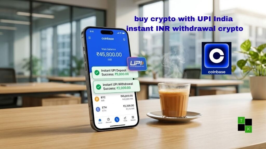An Indian user holding a smartphone showing an active Coinbase portfolio with instant UPI deposit and withdrawal buttons illuminated on screen.