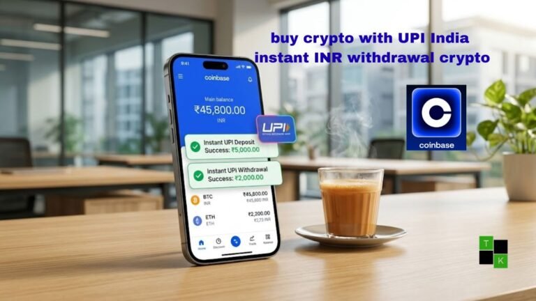 An Indian user holding a smartphone showing an active Coinbase portfolio with instant UPI deposit and withdrawal buttons illuminated on screen.