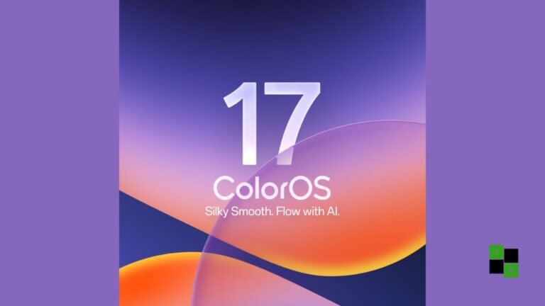 Smartphone displaying ColorOS 17 Living Flow interface and AI Mind Pilot widget on a modern dark slate desk.