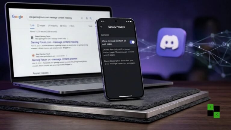 Conceptual illustration showing a smartphone displaying Discord privacy settings menu beside a laptop showing a Google search query indexing a public server.
