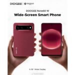 DOOGEE Note60 W smartphone resting on a slate table showing its wide 6.38-inch display and triangular rear camera module.