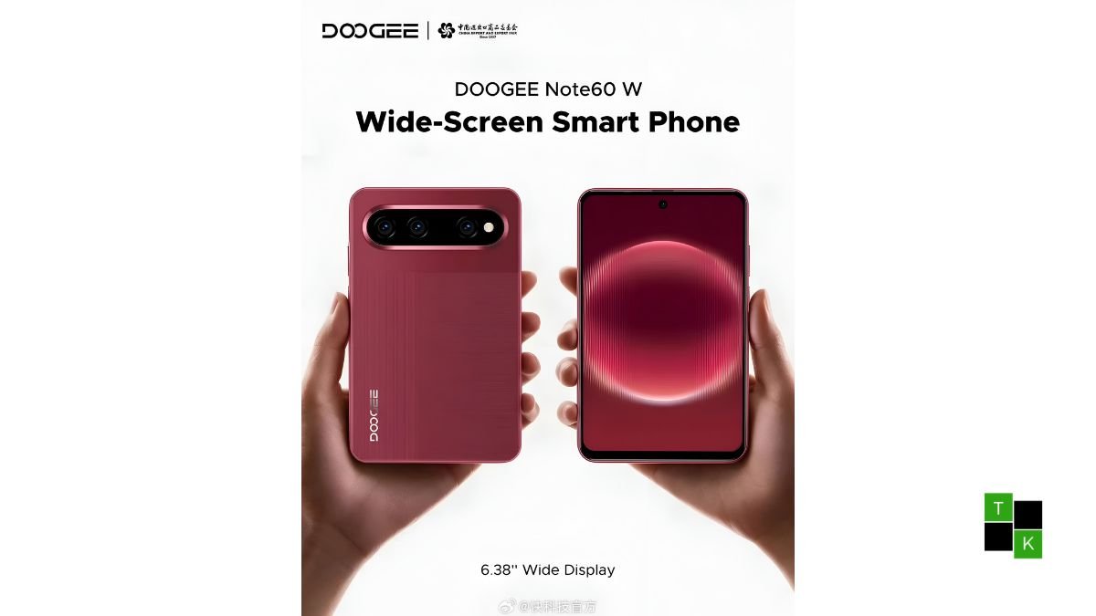 DOOGEE Note60 W smartphone resting on a slate table showing its wide 6.38-inch display and triangular rear camera module.
