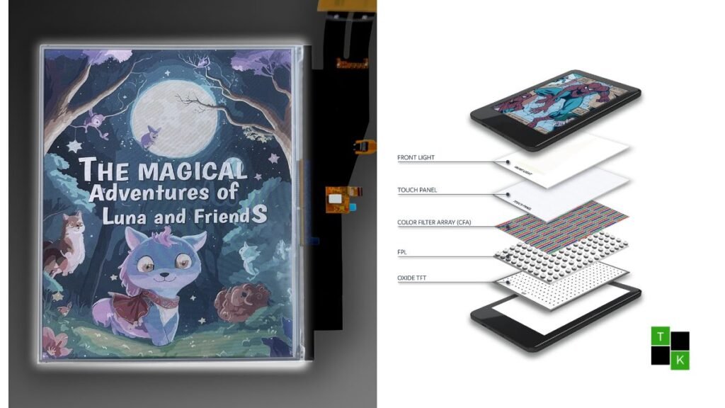 An E Ink Kaleido 4 color e-paper screen displaying an illustrated book cover with rich colors, high contrast, and sharp typography.