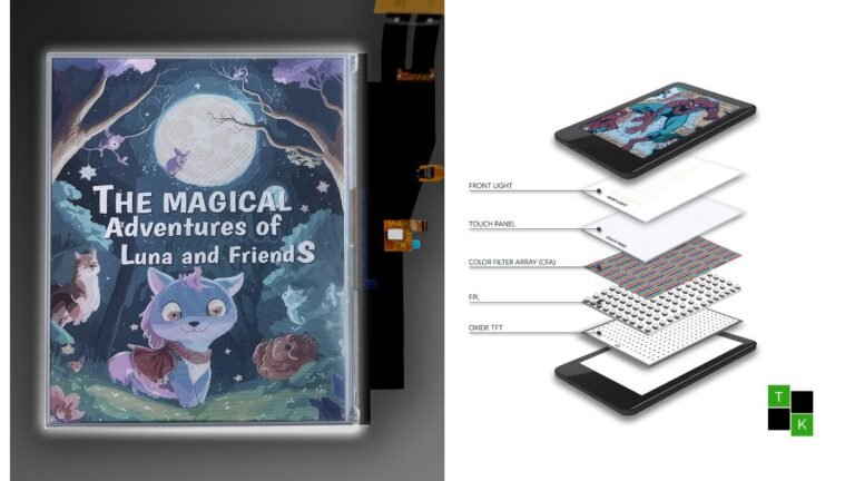 An E Ink Kaleido 4 color e-paper screen displaying an illustrated book cover with rich colors, high contrast, and sharp typography.