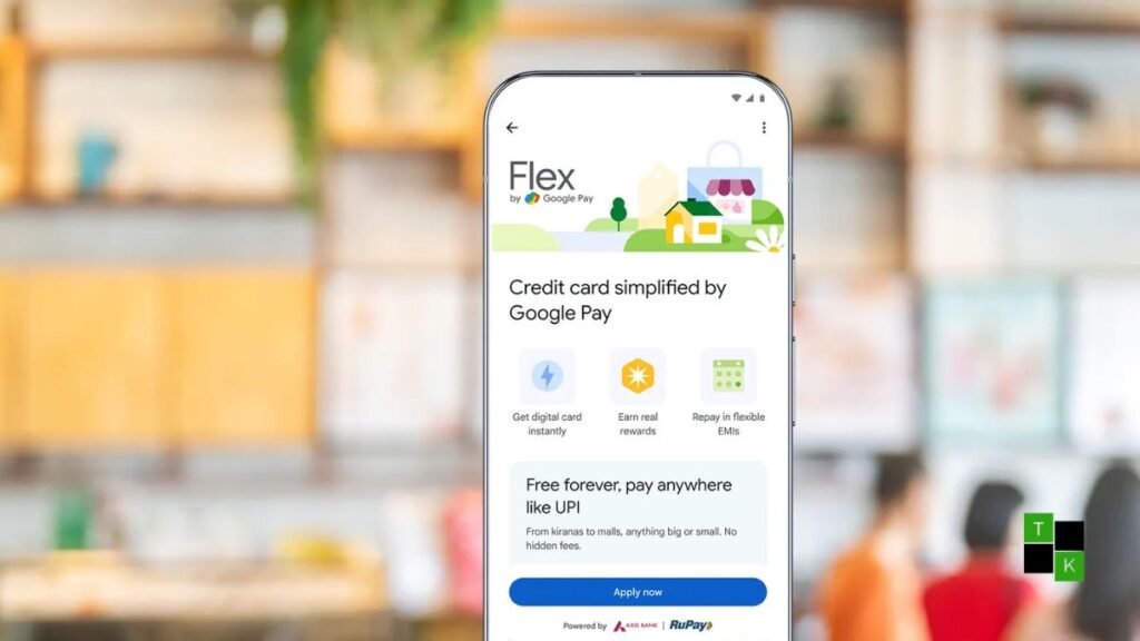 A modern smartphone displaying the Flex by Google Pay dashboard beside an official RuPay-branded Axis Bank digital credit card.