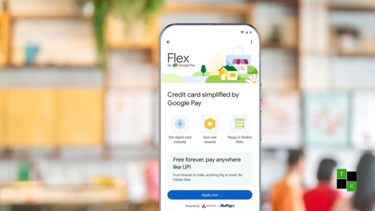 A modern smartphone displaying the Flex by Google Pay dashboard beside an official RuPay-branded Axis Bank digital credit card.