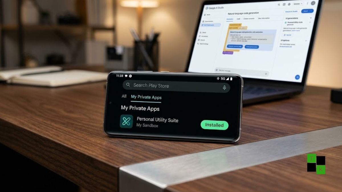 An Android smartphone displaying the Google Play Store with a new 'My Private Apps' tab showing custom AI-created utilities next to a laptop running Google AI Studio.