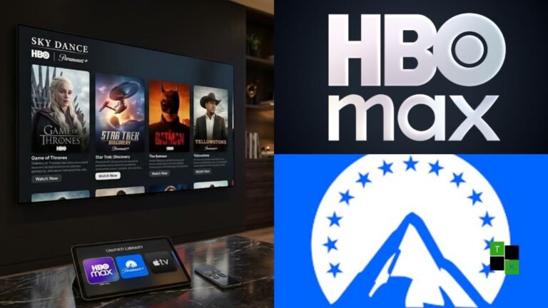 A modern living room setting showing a large smart TV displaying an integrated streaming app combining HBO Max and Paramount+ content tiles.