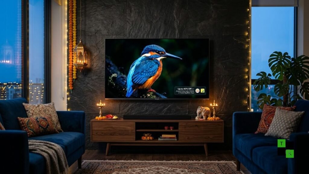 A modern Hisense RGB MiniLED 4K Smart TV mounted on an elegant living room wall displaying vivid cinematic HDR visuals with golden festive sale accents.