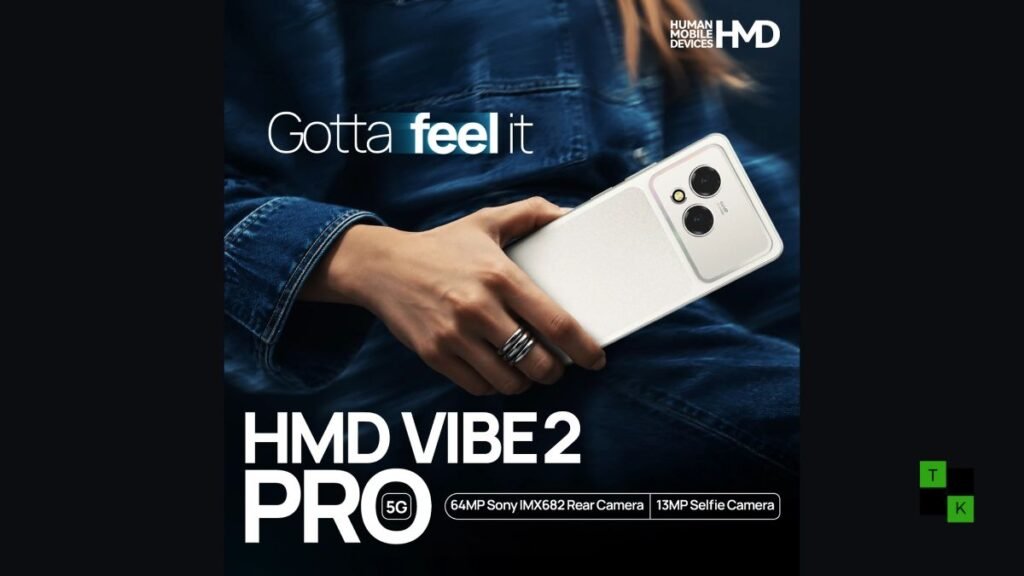HMD Vibe 2 Pro 5G smartphone in Cosmic Purple and Silver Mist resting on a desk showing its square camera module and 120Hz display.