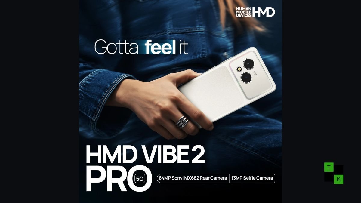 HMD Vibe 2 Pro 5G smartphone in Cosmic Purple and Silver Mist resting on a desk showing its square camera module and 120Hz display.