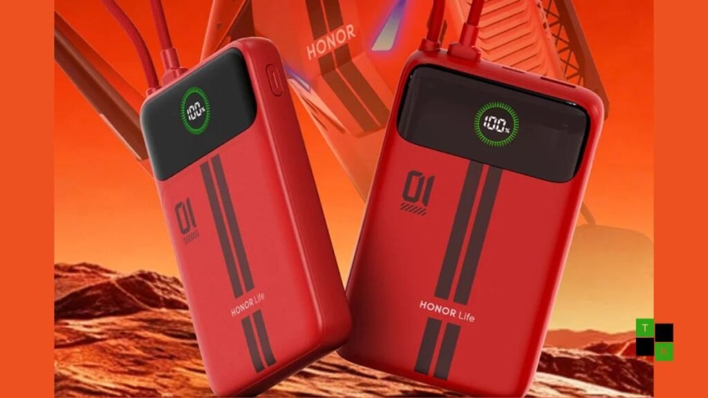 Honor new power banks in 10,000mAh and 20,000mAh capacities featuring crimson red finish, black racing stripes, and digital display.