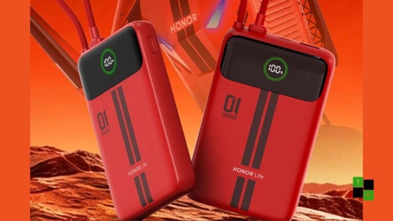Honor new power banks in 10,000mAh and 20,000mAh capacities featuring crimson red finish, black racing stripes, and digital display.