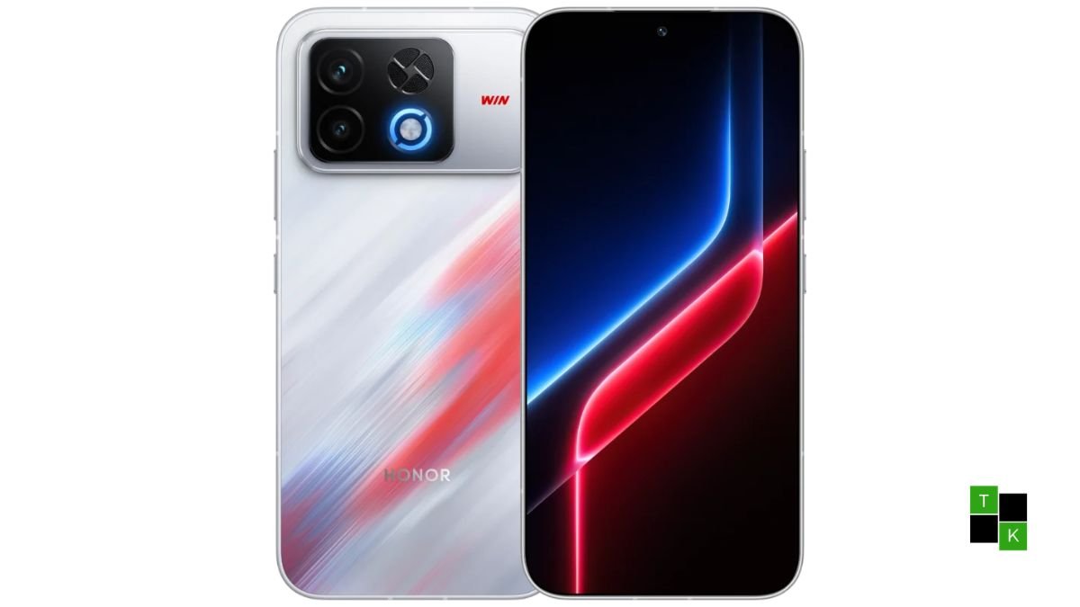 Honor Win 2 smartphone resting on an architectural slate plinth displaying its 5.7 million AnTuTu V12 benchmark result.