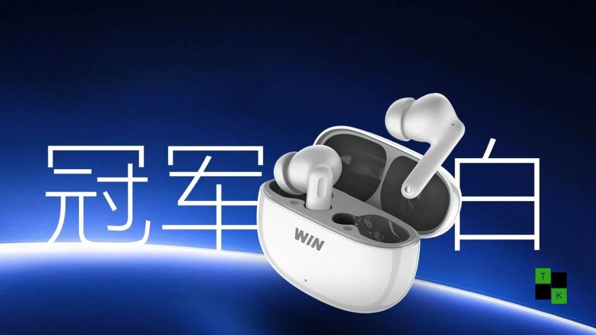 Honor Win Earbuds in Champion White resting inside open charging case showing titanium driver housing and glowing LED battery indicator.