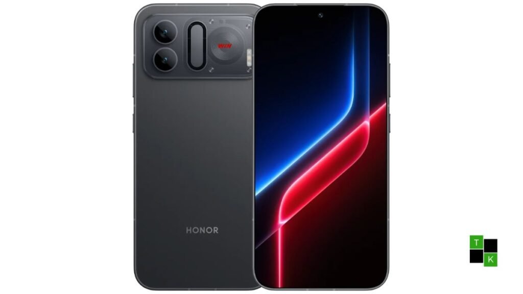 Honor Win RT 2 gaming smartphone in Red and Blue Buff finish showing active cooling turbine vents and 2K 185Hz display.