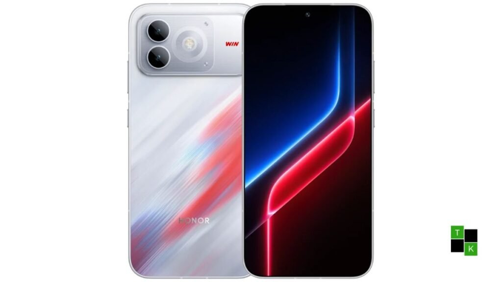 Honor Win Turbo 2 gaming smartphone in Arctic White finish showing flat 6.89-inch 185Hz display and rear dual camera module.
