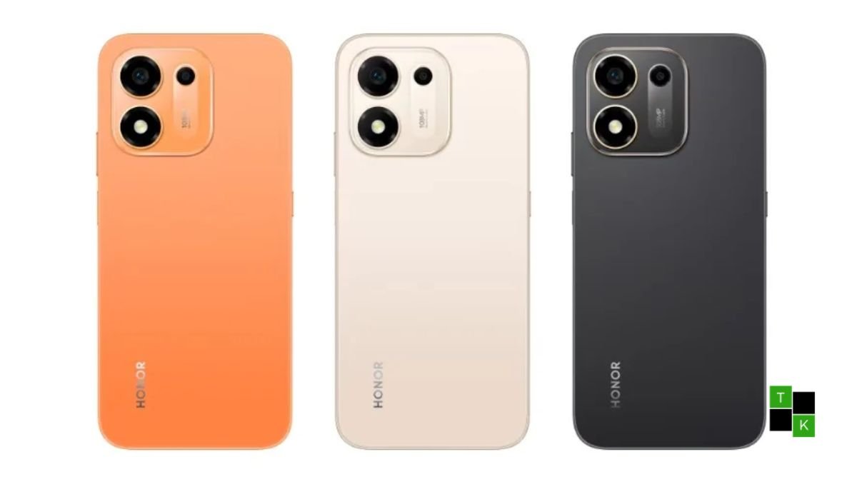 Honor X8e 4G smartphone in Sunrise Orange and Desert Gold finishes resting on a slate rock surface highlighting its rugged IP69K build and 7,700mAh battery.