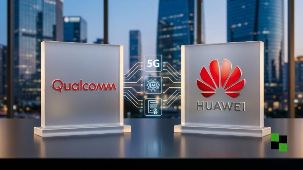 Conceptual illustration showing the Qualcomm and Huawei logos on sleek digital glass pedestals connected by glowing optical network lines and 5G patent symbols.